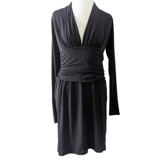 Boston Proper Dresses & Skirts - Boston Proper Dress Medium Andrea Begar Black Plunge Ruched Long Sleeve Cocktail